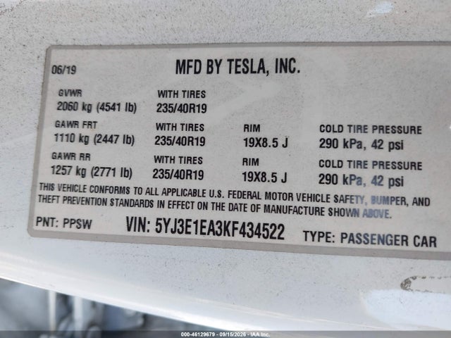 Tesla Model 3 Long Range/mid Range/standard Range/standard Range Plus 2019 5YJ3E1EA3KF434522 Image 9
