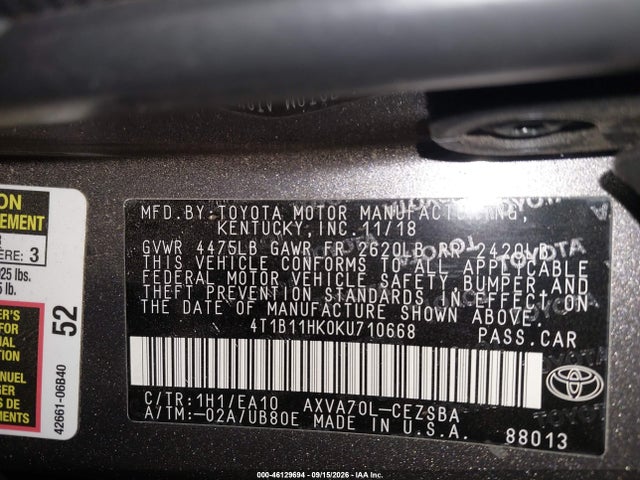 2019 Toyota Camry Se მანქანა იყიდება აუქციონზე, vin: 4T1B11HK0KU710668, აუქციონის ნომერი: 46129694