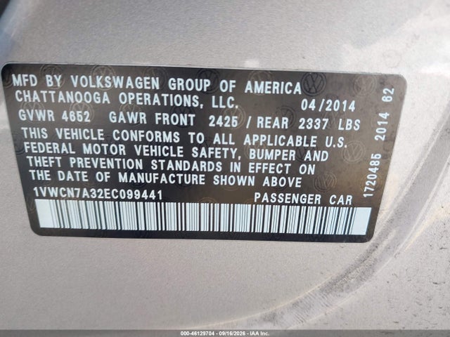46129704 :رقم المزاد ، 1VWCN7A32EC099441 vin ، 2014 Volkswagen Passat 2.0l Tdi Sel Premium مزاد بيع