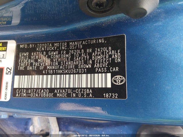 46129712 :رقم المزاد ، 4T1B11HK5KU267031 vin ، 2019 Toyota Camry Se مزاد بيع