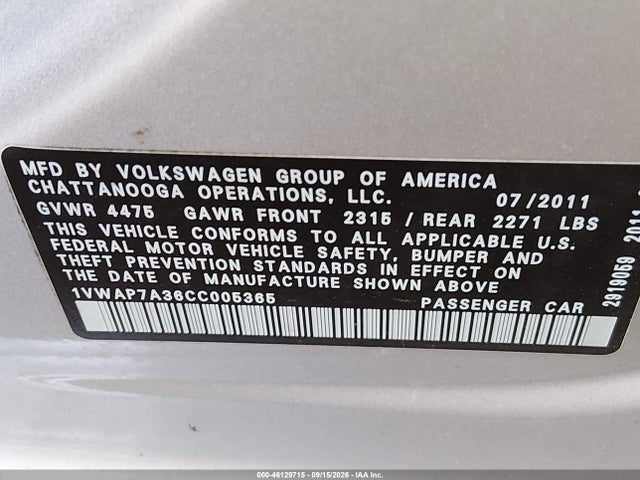 2012 Volkswagen Passat 2.5l S მანქანა იყიდება აუქციონზე, vin: 1VWAP7A36CC005365, აუქციონის ნომერი: 46129715