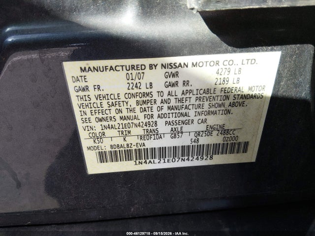 Продажа на аукционе авто 2007 Nissan Altima 2.5 S, vin: 1N4AL21E07N424928, номер лота: 46129718