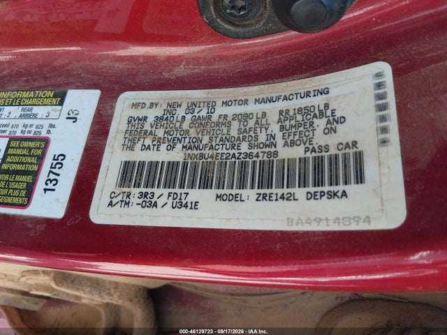 46129723 :رقم المزاد ، 1NXBU4EE2AZ364788 vin ، 2010 Toyota Corolla S مزاد بيع