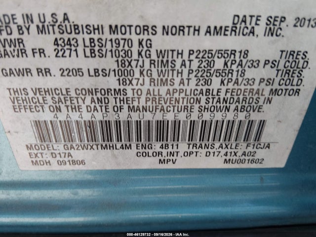 2014 Mitsubishi Outlander Sport Es მანქანა იყიდება აუქციონზე, vin: 4A4AP3AU7EE009980, აუქციონის ნომერი: 46129732