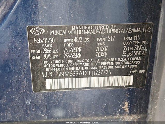 Продаж на аукціоні авто 2020 Hyundai Santa Fe Se, vin: 5NMS23AD1LH227725, номер лоту: 46129738
