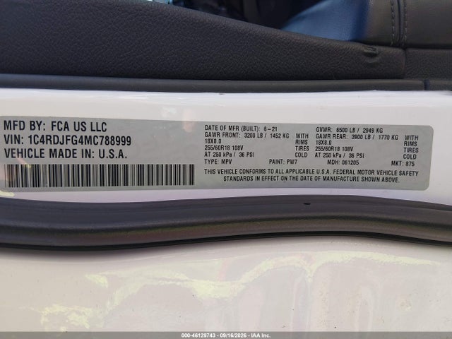 Aukcja sprzedaży 2021 Dodge Durango Pursuit Awd, vin: 1C4RDJFG4MC788999, numer aukcji: 46129743