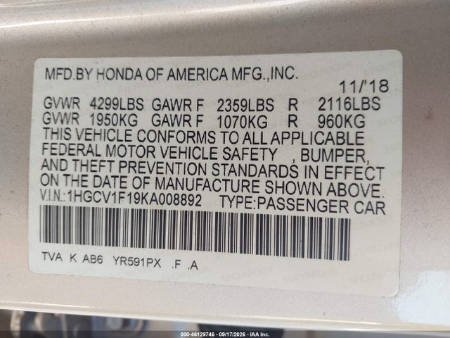 Aukcja sprzedaży 2019 Honda Accord Lx, vin: 1HGCV1F19KA008892, numer aukcji: 46129746