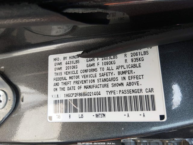 Aukcja sprzedaży 2011 Honda Accord 2.4 Ex-l, vin: 1HGCP2F86BA021404, numer aukcji: 46129749