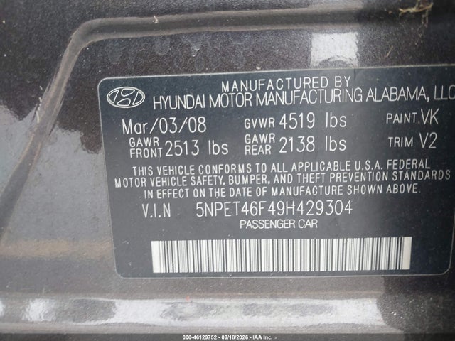 46129752 :رقم المزاد ، 5NPET46F49H429304 vin ، 2009 Hyundai Sonata Gls مزاد بيع
