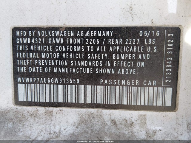 46129757 :رقم المزاد ، WVWKP7AU6GW913559 vin ، 2016 Volkswagen E-golf Se مزاد بيع