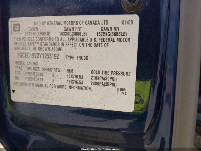 Продаж на аукціоні авто 2000 Chevrolet Silverado 1500 Ls, vin: 2GCEC19V2Y1253192, номер лоту: 46129761
