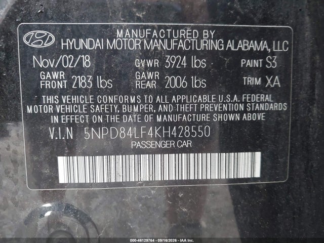 Aukcja sprzedaży 2019 Hyundai Elantra Sel, vin: 5NPD84LF4KH428550, numer aukcji: 46129764