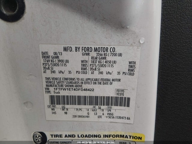 46129768 :رقم المزاد ، 1FTFW1ET4DFD48422 vin ، 2013 Ford F-150 Platinum مزاد بيع