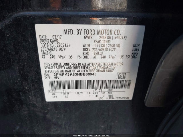 Продаж на аукціоні авто 2017 Ford Edge Titanium, vin: 2FMPK3K83HBB68945, номер лоту: 46129773