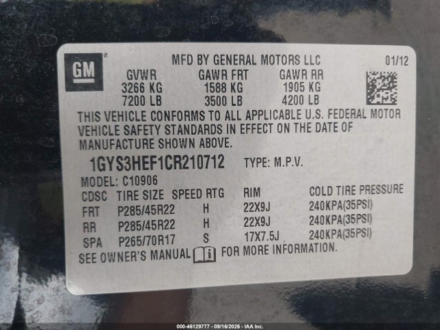 2012 Cadillac Escalade Esv Luxury მანქანა იყიდება აუქციონზე, vin: 1GYS3HEF1CR210712, აუქციონის ნომერი: 46129777
