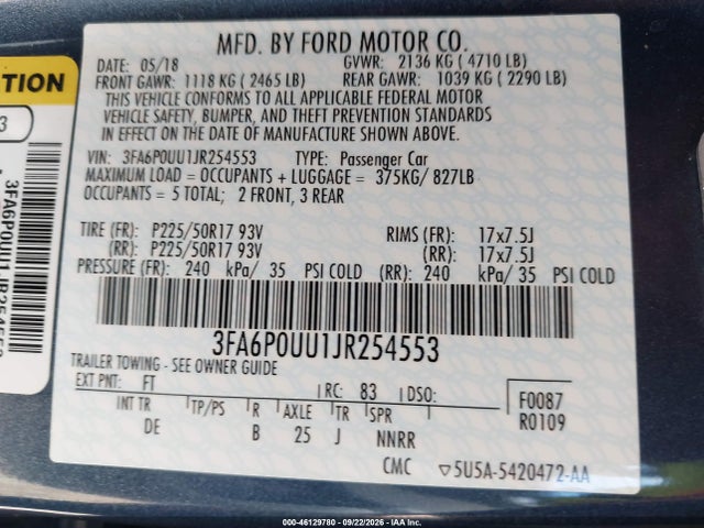 Ford Fusion Hybrid S 2018 3FA6P0UU1JR254553 Image 9