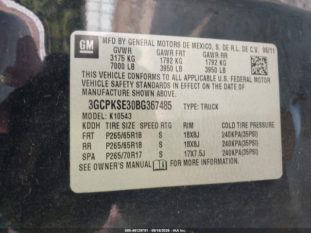 46129791 :رقم المزاد ، 3GCPKSE30BG367485 vin ، 2011 Chevrolet Silverado 1500 Lt مزاد بيع