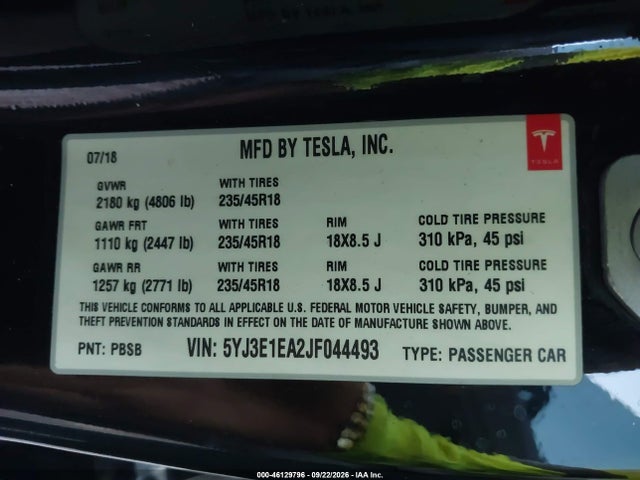 Продажа на аукционе авто 2018 Tesla Model 3 Long Range/mid Range, vin: 5YJ3E1EA2JF044493, номер лота: 46129796