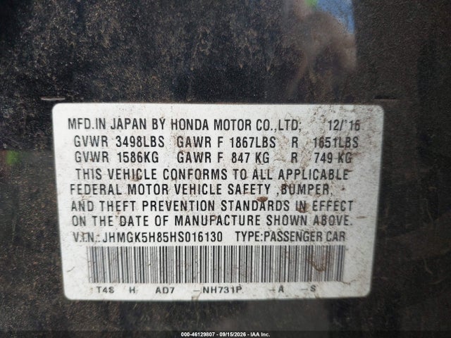46129807 :رقم المزاد ، JHMGK5H85HS016130 vin ، 2017 Honda Fit Ex-l مزاد بيع