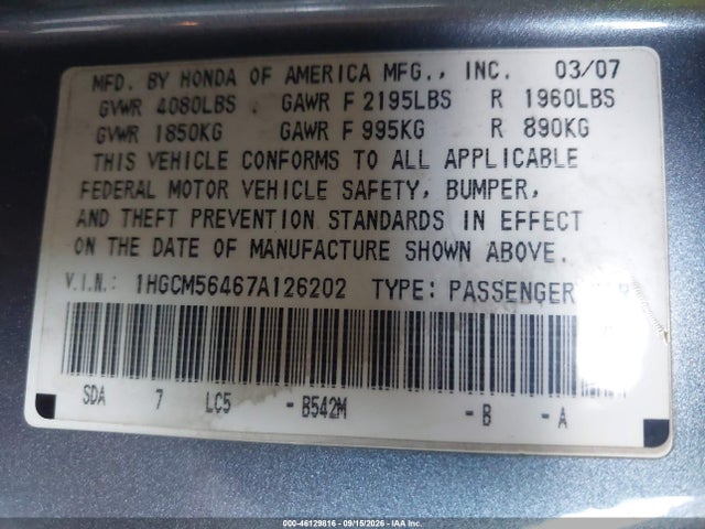 Aukcja sprzedaży 2007 Honda Accord 2.4 Lx, vin: 1HGCM56467A126202, numer aukcji: 46129816