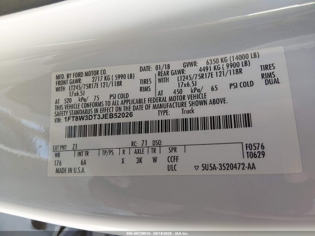 2018 Ford F-350 Lariat მანქანა იყიდება აუქციონზე, vin: 1FT8W3DT3JEB52026, აუქციონის ნომერი: 46129818