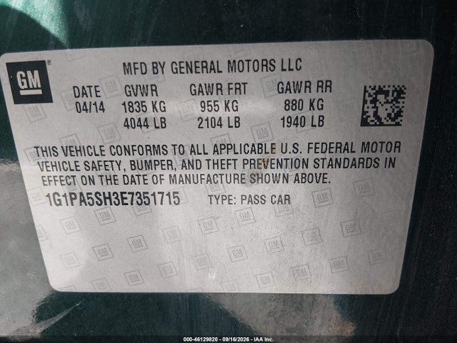 Продажа на аукционе авто 2014 Chevrolet Cruze Ls Auto, vin: 1G1PA5SH3E7351715, номер лота: 46129820