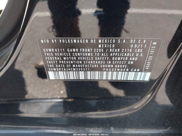 2012 Volkswagen Jetta 2.5l Se მანქანა იყიდება აუქციონზე, vin: 3VWDP7AJ4CM335371, აუქციონის ნომერი: 46129825