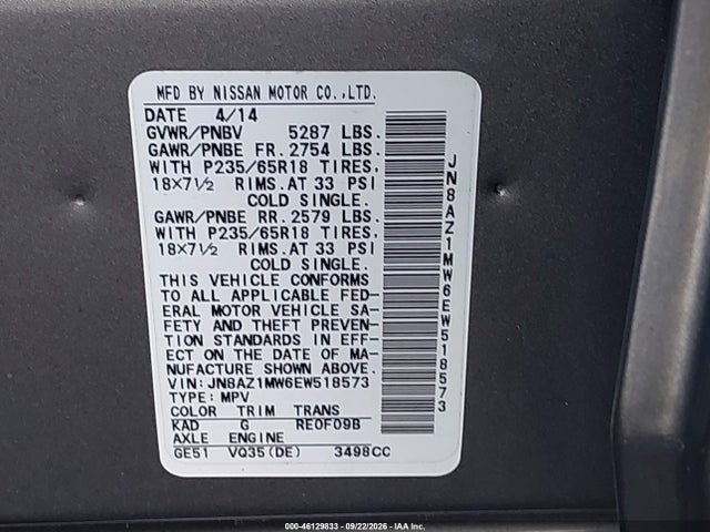 Продажа на аукционе авто 2014 Nissan Murano Sv, vin: JN8AZ1MW6EW518573, номер лота: 46129833
