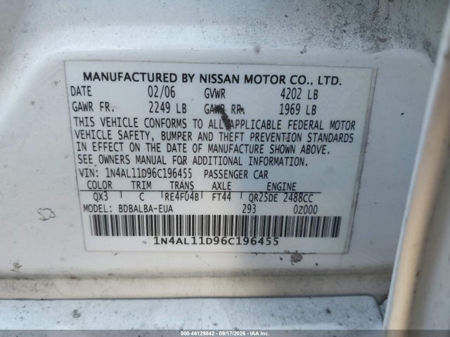Продаж на аукціоні авто 2006 Nissan Altima 2.5 S, vin: 1N4AL11D96C196455, номер лоту: 46129842
