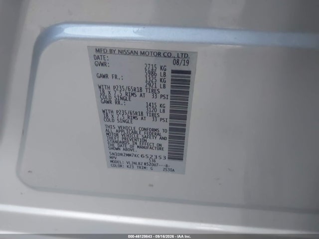 Aukcja sprzedaży 2019 Nissan Pathfinder S, vin: 5N1DR2MM7KC652353, numer aukcji: 46129843