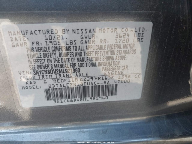46129853 :رقم المزاد ، 3N1CN8DV2ML921960 vin ، 2021 Nissan Versa S Xtronic Cvt مزاد بيع