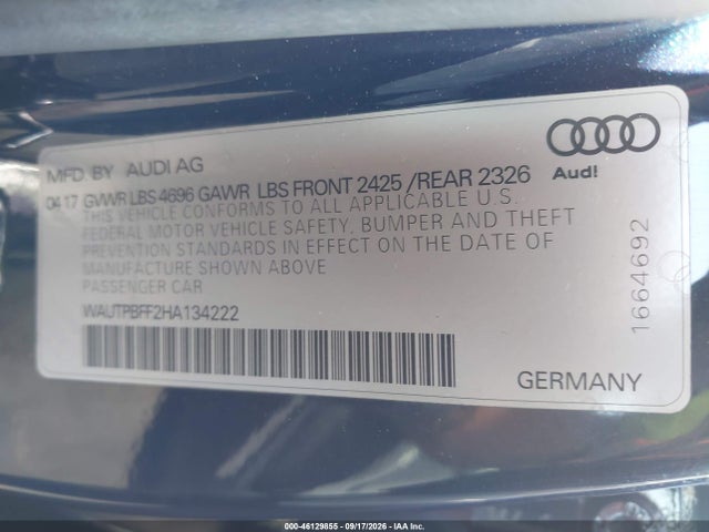 46129855 :رقم المزاد ، WAUTPBFF2HA134222 vin ، 2017 Audi A3 E-tron 1.4t Premium مزاد بيع