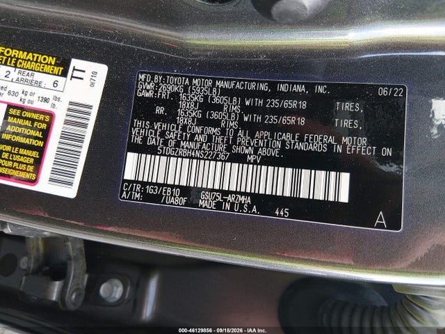 Aukcja sprzedaży 2022 Toyota Highlander Xle, vin: 5TDGZRBH4NS227367, numer aukcji: 46129856