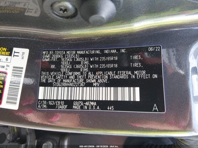 Aukcja sprzedaży 2022 Toyota Highlander Xle, vin: 5TDGZRBH4NS227367, numer aukcji: 46129856