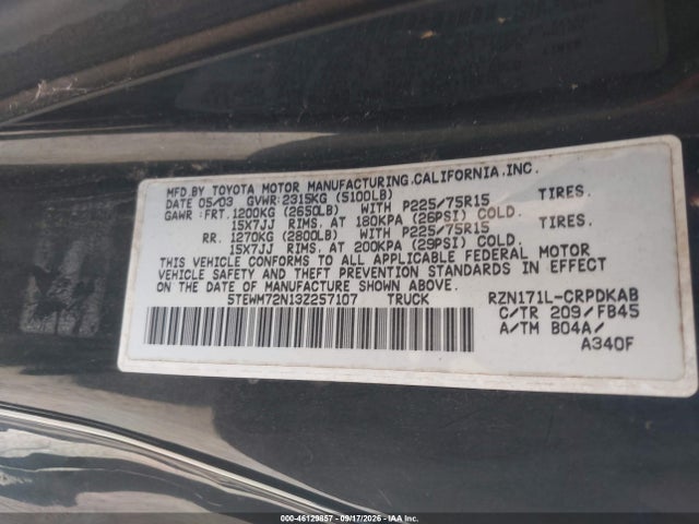 Aukcja sprzedaży 2003 Toyota Tacoma, vin: 5TEWM72N13Z257107, numer aukcji: 46129857