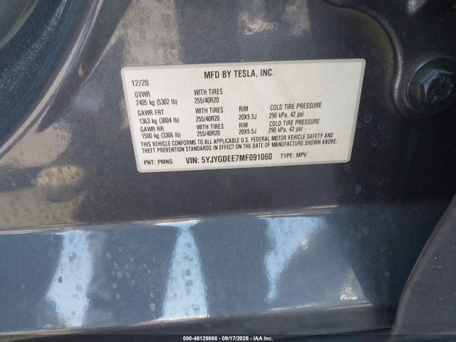 Продаж на аукціоні авто 2021 Tesla Model Y Long Range Dual Motor All-wheel Drive, vin: 5YJYGDEE7MF091060, номер лоту: 46129868