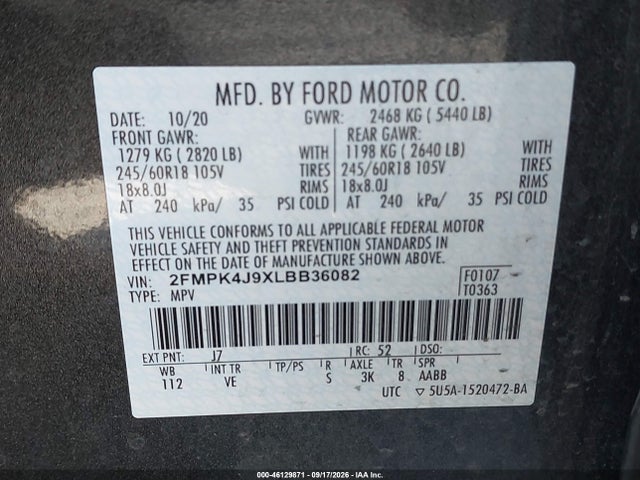 2020 Ford Edge Sel მანქანა იყიდება აუქციონზე, vin: 2FMPK4J9XLBB36082, აუქციონის ნომერი: 46129871