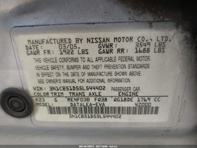 Aukcja sprzedaży 2005 Nissan Sentra 1.8s, vin: 3N1CB51D55L544402, numer aukcji: 46129876