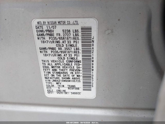 46129888 :رقم المزاد ، JN8AZ18W99W105725 vin ، 2009 Nissan Murano Sl مزاد بيع