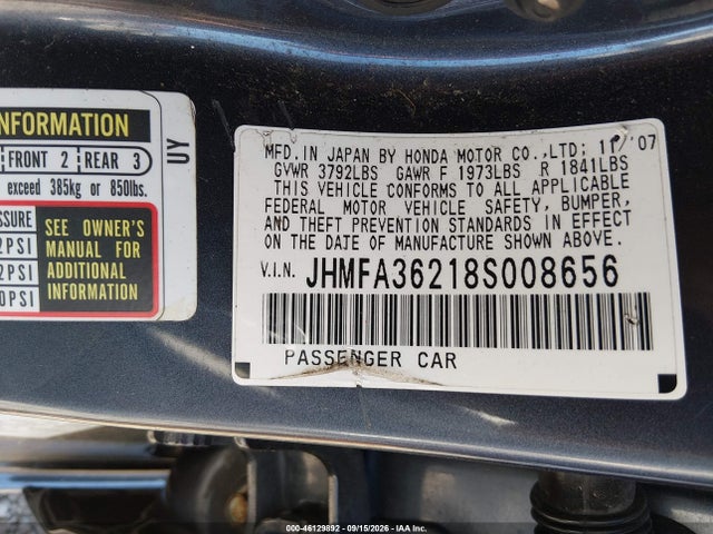 Aukcja sprzedaży 2008 Honda Civic Hybrid, vin: JHMFA36218S008656, numer aukcji: 46129892