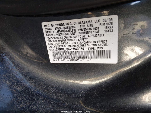 Aukcja sprzedaży 2006 Honda Odyssey Ex, vin: 5FNRL38426B400241, numer aukcji: 46129893
