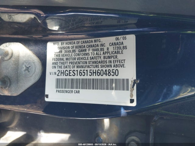 Aukcja sprzedaży 2005 Honda Civic Lx, vin: 2HGES16515H604850, numer aukcji: 46129905