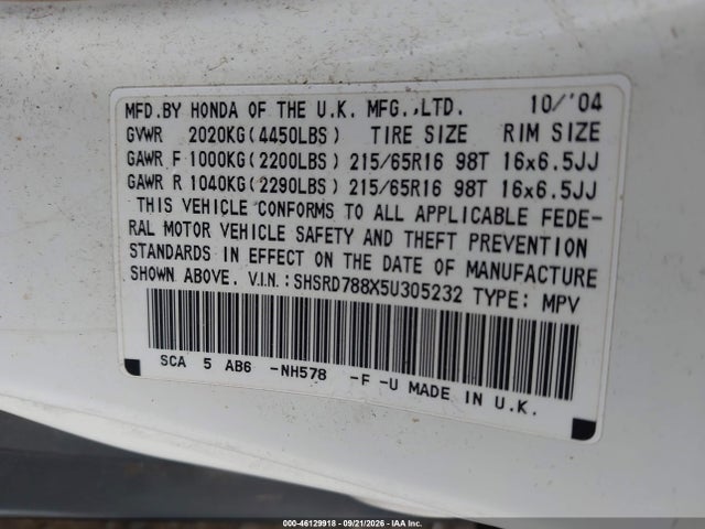 46129918 :رقم المزاد ، SHSRD788X5U305232 vin ، 2005 Honda Cr-v Ex مزاد بيع