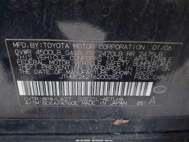 Продаж на аукціоні авто 2006 Lexus Is 350, vin: JTHBE262162002821, номер лоту: 46129926