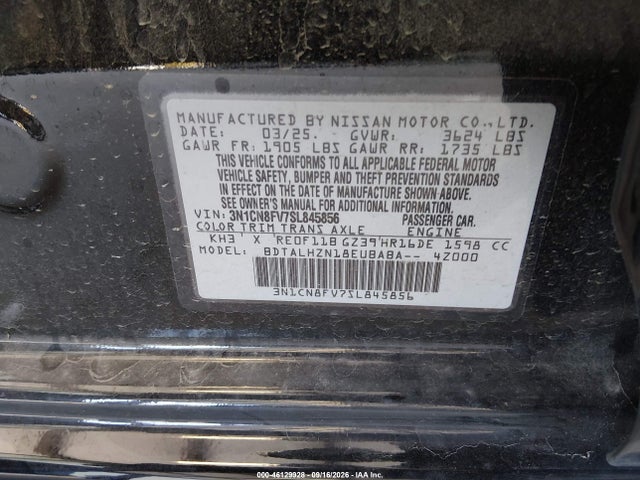 Aukcja sprzedaży 2025 Nissan Versa 1.6 Sr, vin: 3N1CN8FV7SL845856, numer aukcji: 46129928