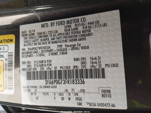 Продаж на аукціоні авто 2015 Ford Fusion S, vin: 3FA6P0G73FR183336, номер лоту: 46129945