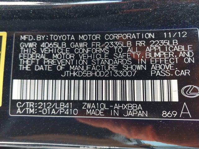 Aukcja sprzedaży 2013 Lexus Ct 200h, vin: JTHKD5BH0D2133007, numer aukcji: 46129951