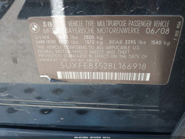 46129954 :رقم المزاد ، 5UXFE83528L166918 vin ، 2008 Bmw X5 4.8i مزاد بيع