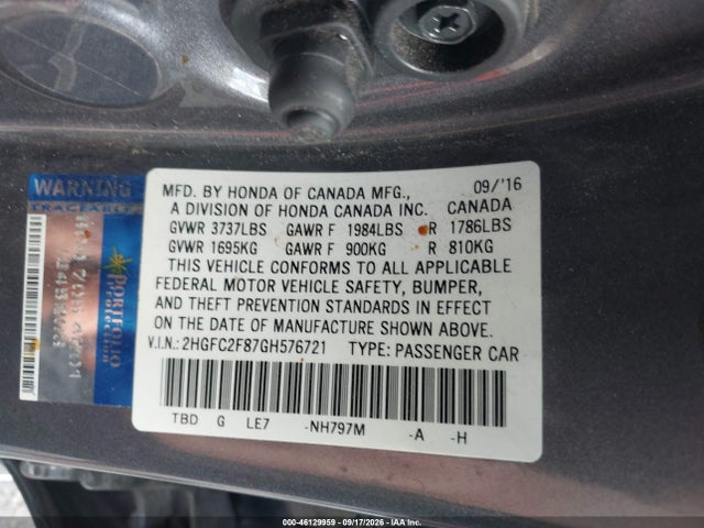 2016 Honda Civic Ex მანქანა იყიდება აუქციონზე, vin: 2HGFC2F87GH576721, აუქციონის ნომერი: 46129959