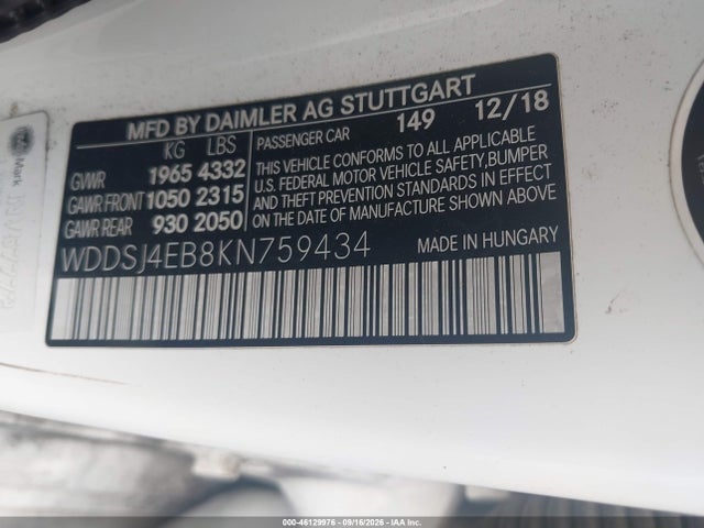 Продажа на аукционе авто 2019 Mercedes-benz Cla 250, vin: WDDSJ4EB8KN759434, номер лота: 46129976